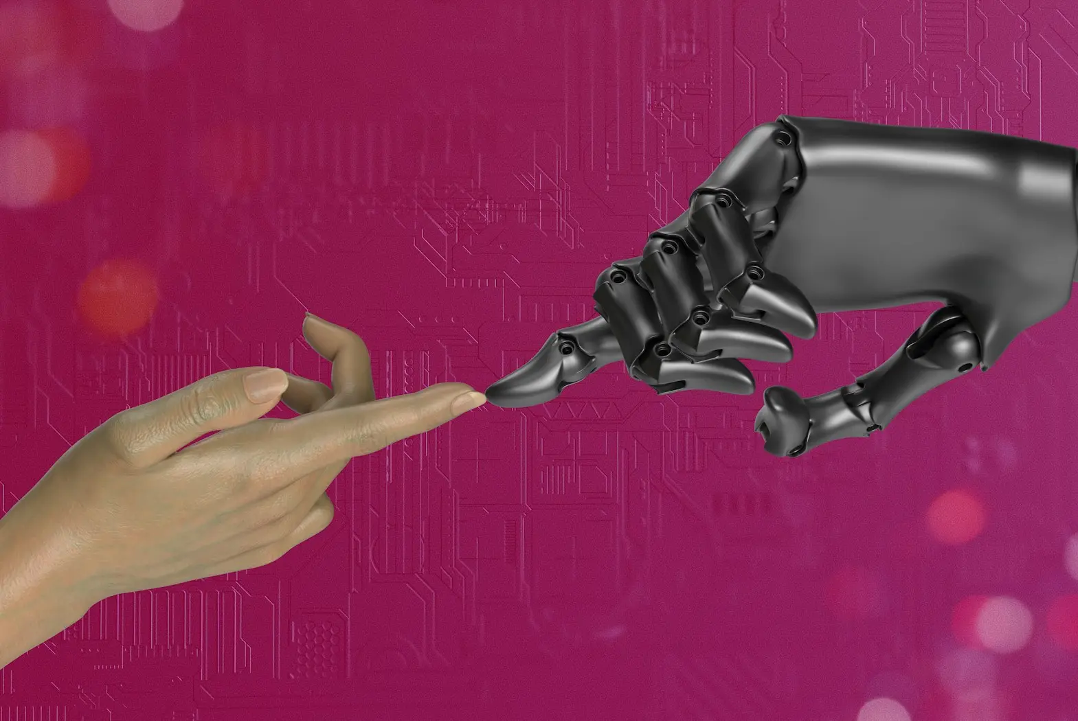 two hands touching each other in front of a pink background